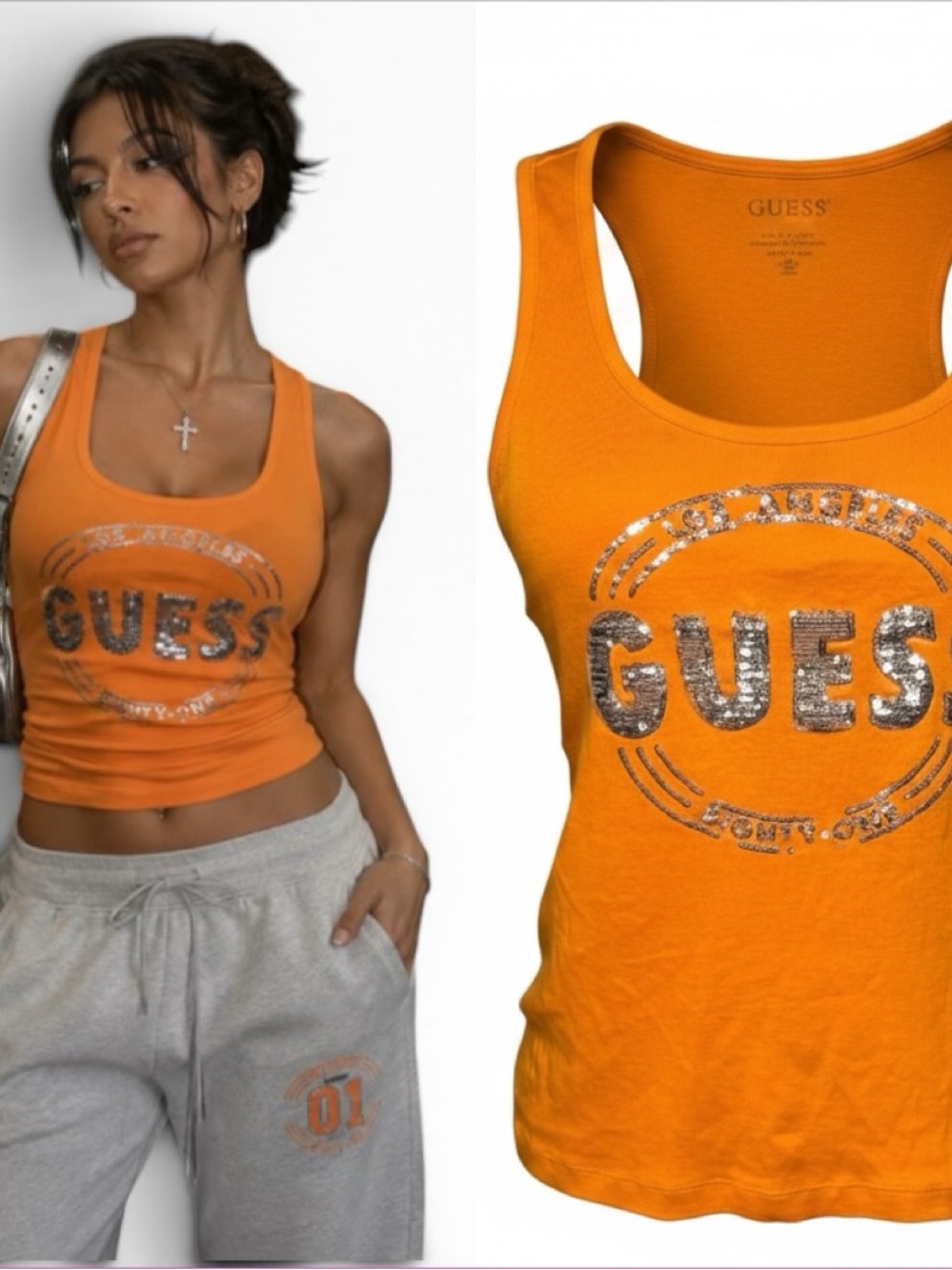 Vintage Y2K Guess sequin spellout logo tank sz M Activewear